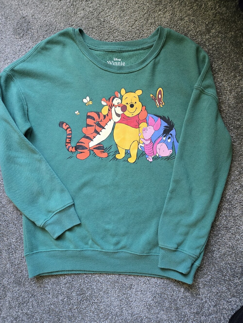 Disney Womans Green Winnie the Pooh & Friends Crewneck Sweatshirt